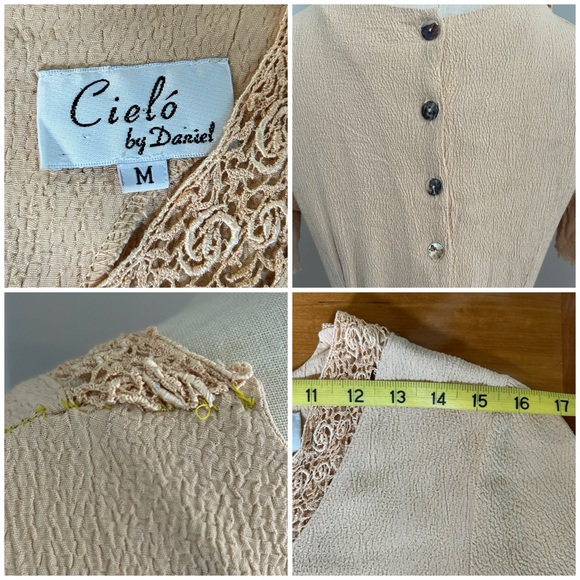 VTG 90s Crochet Mini Dress Crepe Blush Tan Balletcore Sz M - Picture 3 of 4